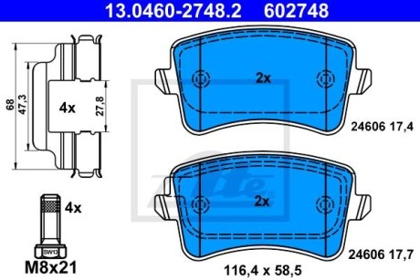 Комплект гальмівних колодок, дискове гальмо ATE 13.0460-2748.2 (фото 1)