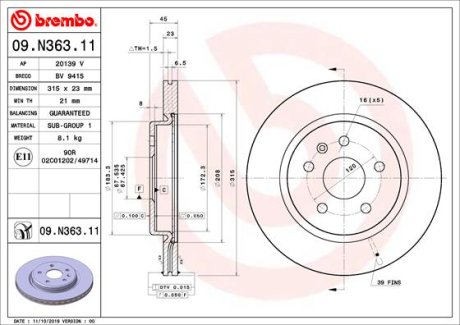 Гальмівний диск BREMBO 09.N363.11 (фото 1)