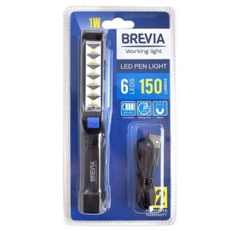 Фонарик инспекционный LED Pen Light 6SMD+1W LED, 150lm, 900mAh, microUSB, блистер BREVIA 11210