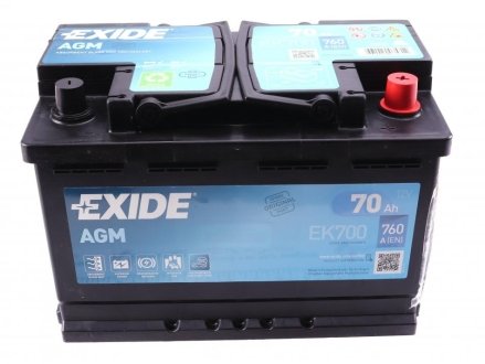 АКБ 6СТ-70 R+ (пт760) (необслуж) AGM (Start/Stop) EXIDE EK700