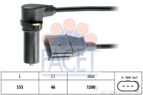 Датчик оборотов коленвала Skoda FABIA, OCTAVIA/VW BORA,CADDY II,GOLF IV,POLO 1.9D 95-10 FACET 9.0391 (фото 1)