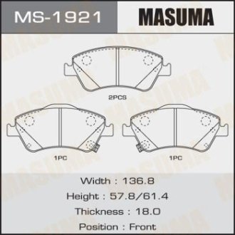 Колодка тормозная передняя Toyota Auris (08-11), Corolla (08-10) MASUMA MS1921