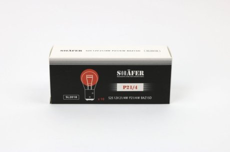 Фото лампа накалювання 12V 21/4W P21/4 BAZ15D (картонна упаковка по 10шт) SHAFER SL2018 Лампа накалювання 12V 21/4W P21/4 BAZ15D (картонна упаковка по 10шт) SHAFER SL2018