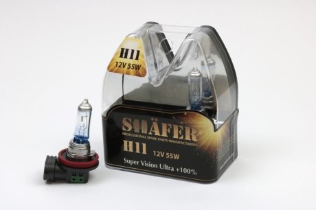 Лампа галогенова H11 12V55W Super Vision Ultra +100% (комплект, пластиковый бокс 2шт) SHAFER SL3011 (фото 1)